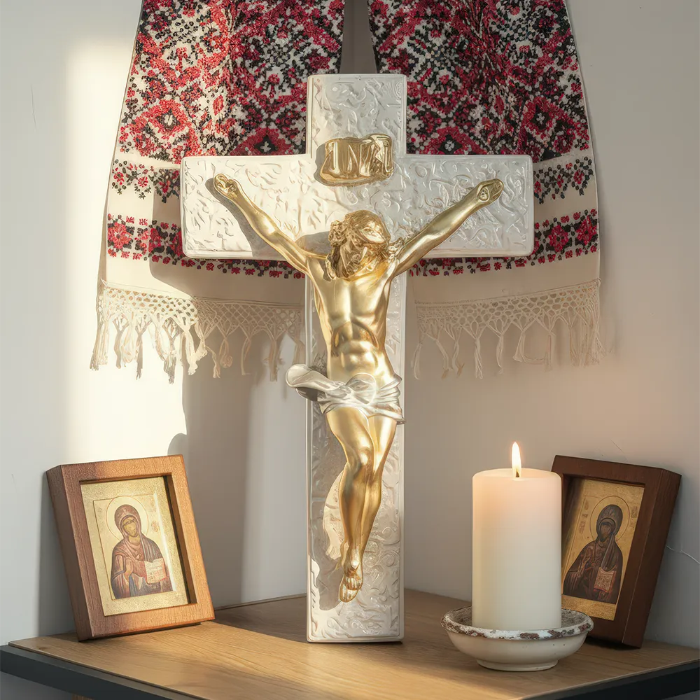 Cruce din ipsos cu Iisus răstignit și relief floral – albă, 44 x 27 cm — imaginea 2