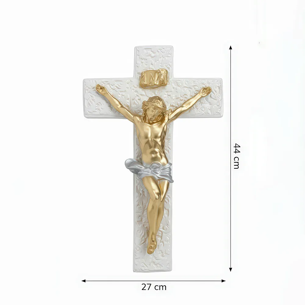 Cruce din ipsos cu Iisus răstignit și relief floral – albă, 44 x 27 cm — imaginea 7