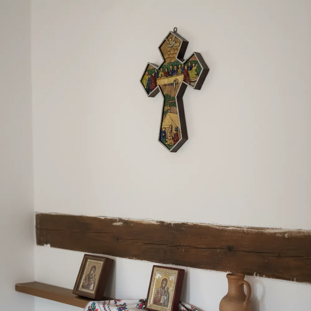 Cruce din ipsos cu Cina cea de Taină și Nașterea Domnului – 24 x 18 cm — imaginea 5