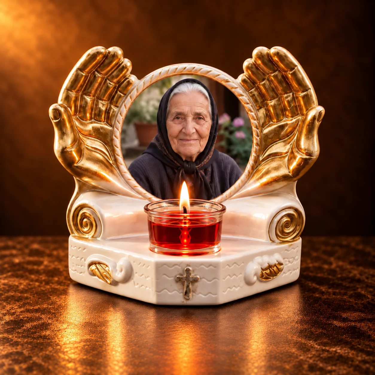 Candelă memorială personalizată cu poză – Mâini îngerești — imaginea 2