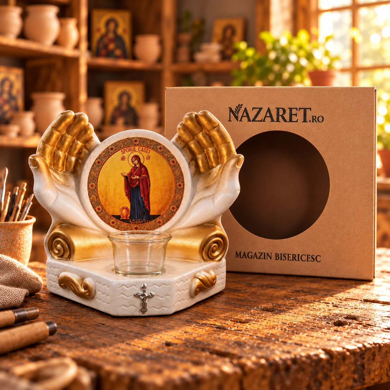 Candelă cu icoana Sporul casei – model Mâini îngerești — imaginea 4