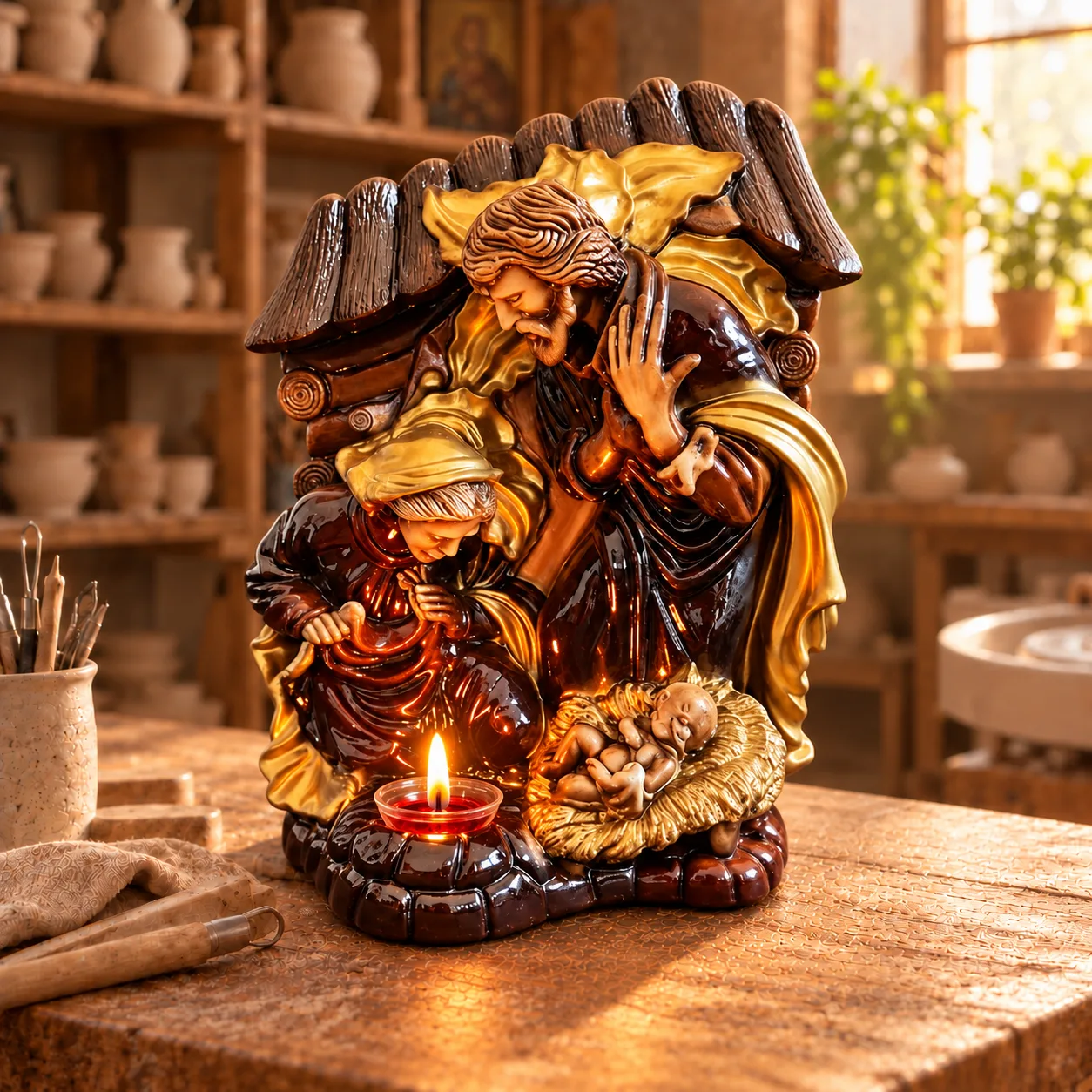 Candelă cu icoana Nașterii Domnului – maro, 40 x 30 cm — imaginea 3