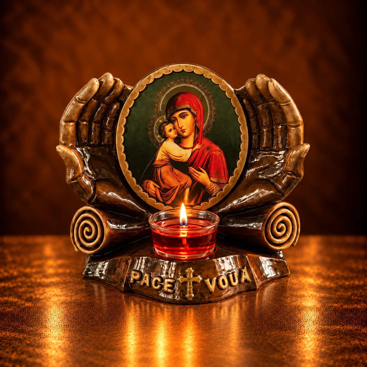 Candelă cu icoana Maicii Domnului și a lui Iisus Hristos – maro — imaginea 2