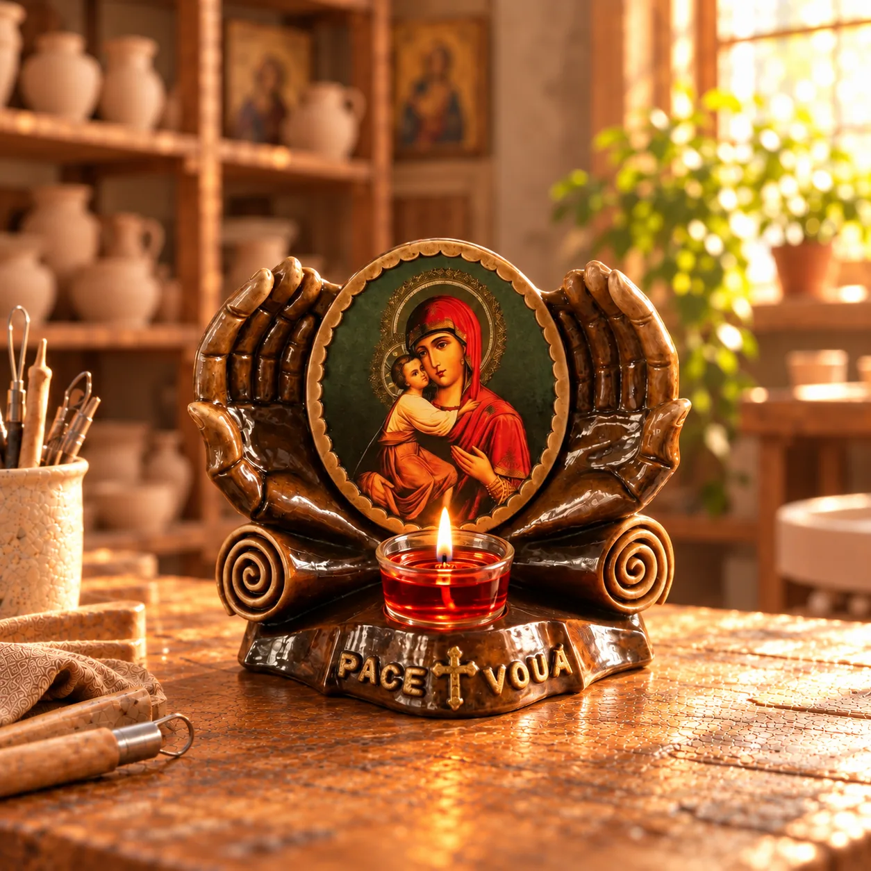 Candelă cu icoana Maicii Domnului și a lui Iisus Hristos – maro — imaginea 3