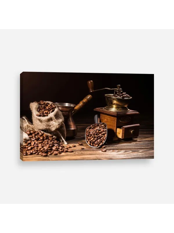 Tablou canvas Boabe de cafea și râșniță – decor pentru bucătărie