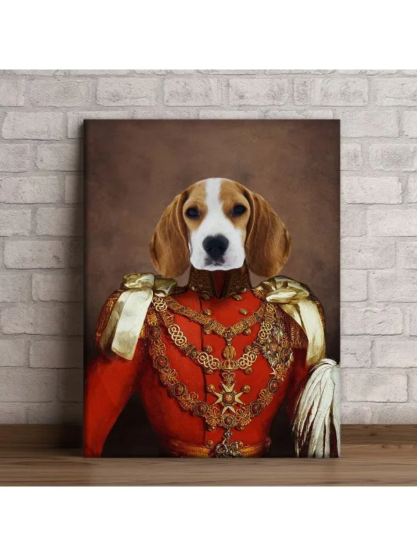 Tablou personalizat cu animalul tău – portret în uniformă regală roșie