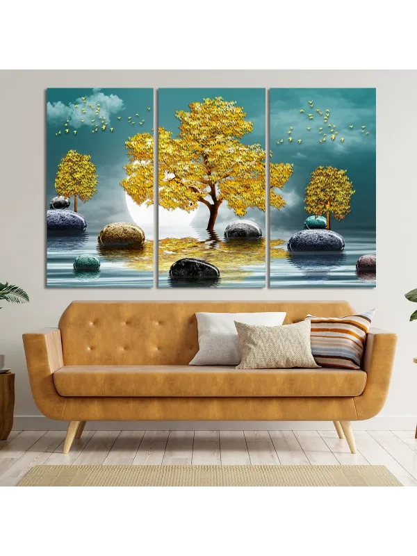 Set 3 tablouri canvas Copacul de aur – decor abstract