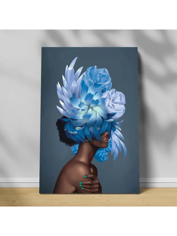 Tablou canvas Fată cu flori albastre – portret decorativ