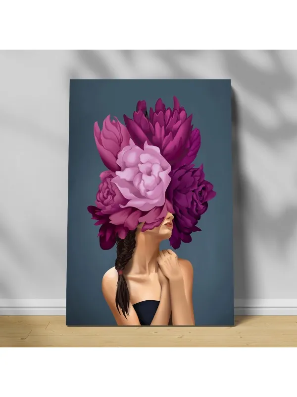 Tablou canvas Fată cu flori mov – portret decorativ