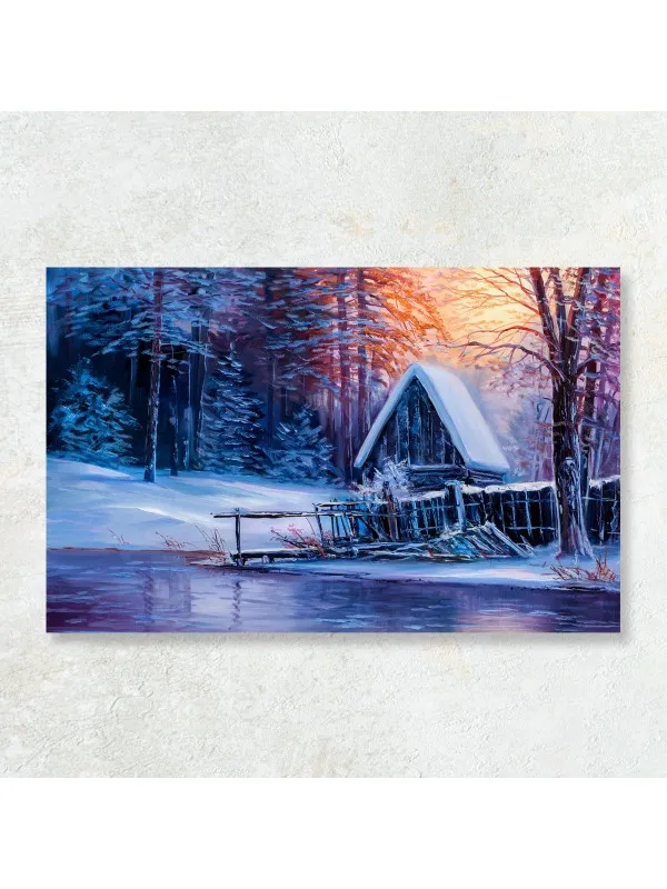 Tablou canvas Cabana din pădure – peisaj de iarnă