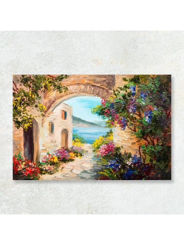 Tablou canvas Casă lângă mare – peisaj cu flori colorate