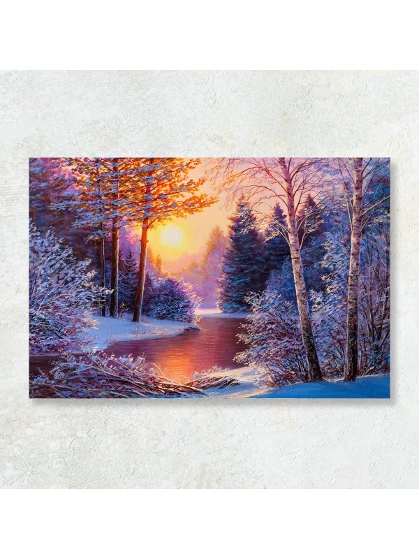 Tablou canvas Pădure de Crăciun cu râu – peisaj de iarnă