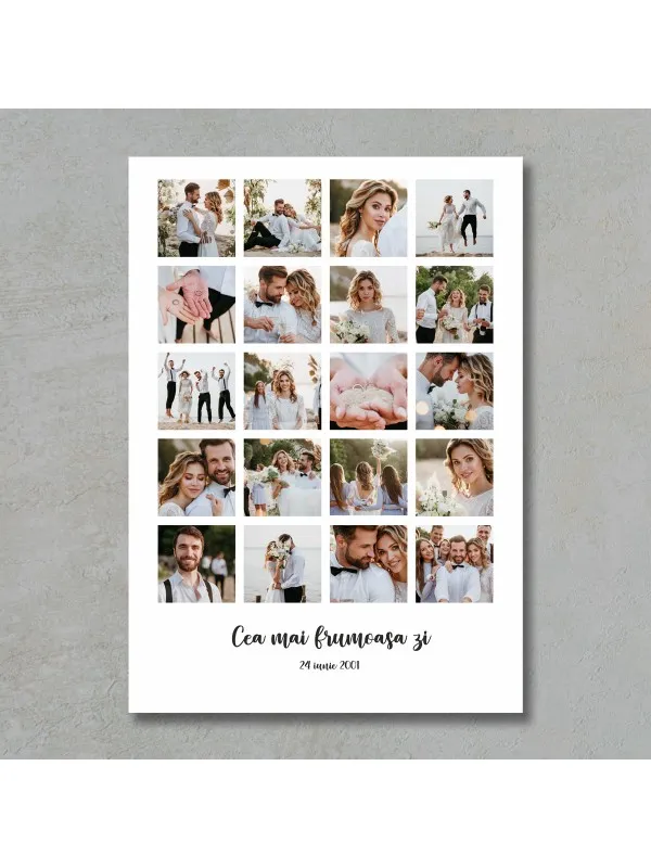 Tablou canvas personalizat cu 20 de poze – colaj cu text și dată