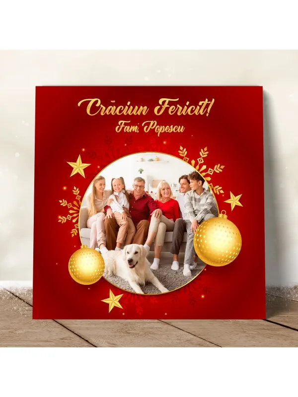 Tablou canvas personalizat de Crăciun cu globuri și numele familiei – format pătrat
