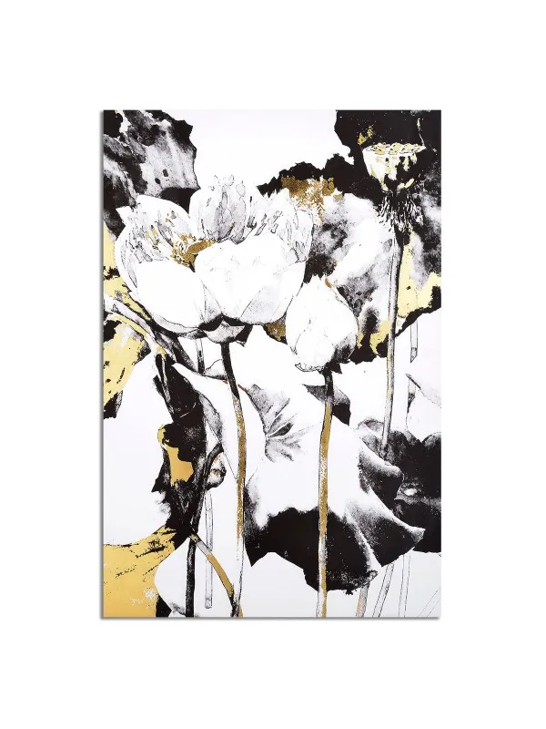 Tablou canvas Simfonie florală – abstract în alb, negru și auriu
