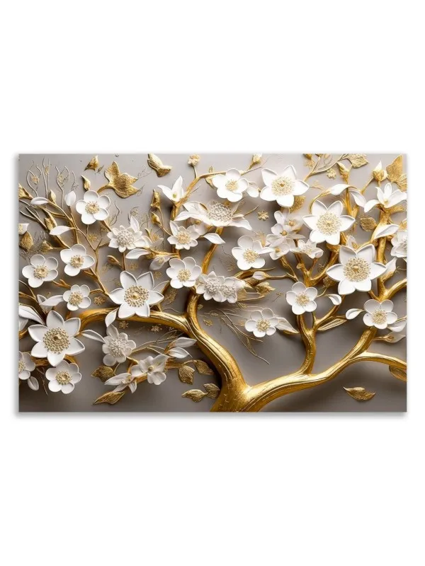 Tablou canvas Armonia florilor – compoziție albă și aurie