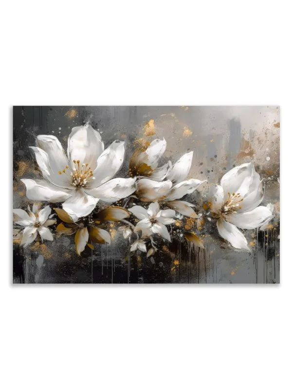 Tablou canvas Dansul petalelor albe – flori cu accente aurii