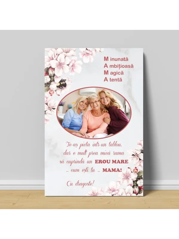 Tablou canvas personalizat pentru mama – acrostih MAMA și flori de cireș
