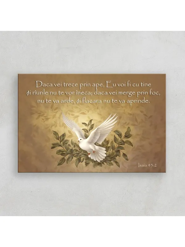 Tablou canvas Dacă vei trece prin ape (Isaia 43:2) – porumbel cu ramuri, fond auriu