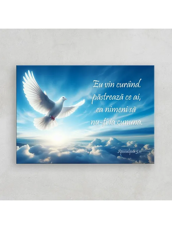 Tablou canvas Pe aripile cuvintelor – verset și porumbel deasupra norilor