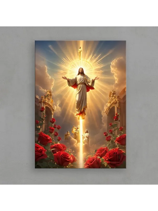 Tablou canvas Înălțarea lui Iisus – lumină aurie și trandafiri roșii
