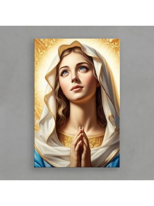 Tablou canvas Fecioara Maria – portret cu văl alb, fond auriu