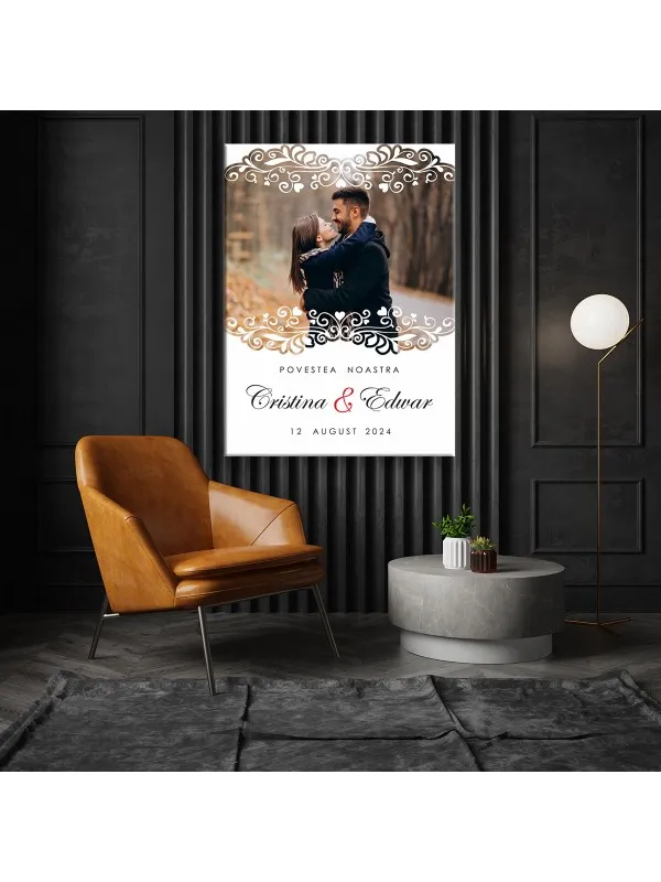Tablou canvas personalizat Povestea noastră – poza cuplului, nume și dată