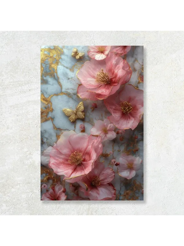 Tablou canvas Dansul petalelor roz – fluturi aurii pe fond marmorat