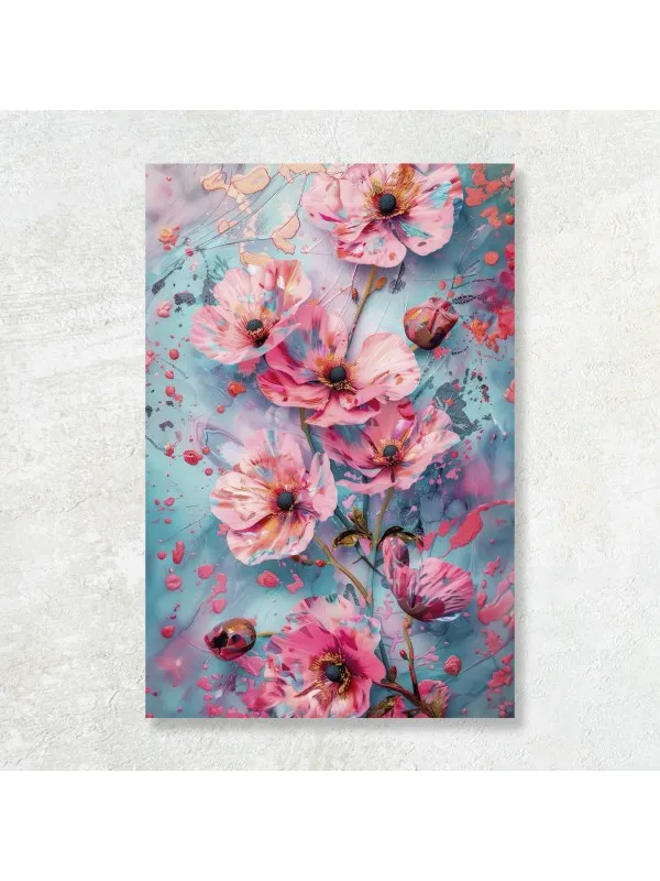 Tablou canvas Ecouri florale – fundal abstract turcoaz cu accente aurii