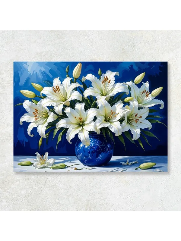 Tablou canvas Armonie de crini – flori albe pe fond albastru