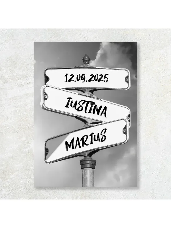 Tablou canvas personalizat Direcția Fericirii – indicator cu nume și dată