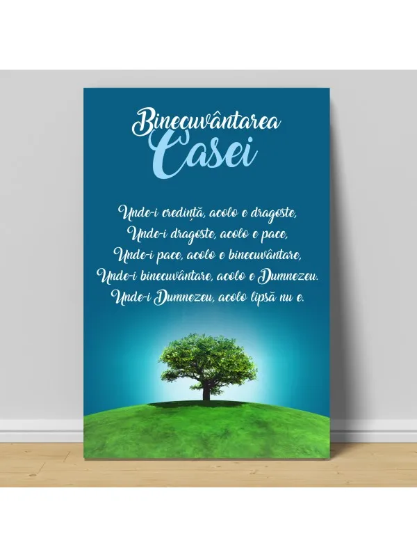Tablou canvas Binecuvântarea casei cu copacul vieții – text pe fond turcoaz