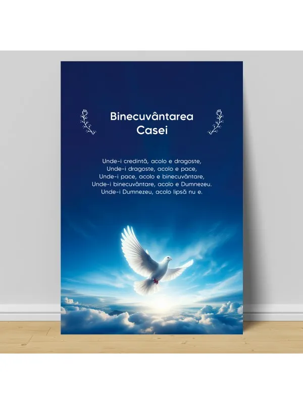 Tablou canvas Binecuvântarea casei cu porumbelul păcii – text pe cer albastru