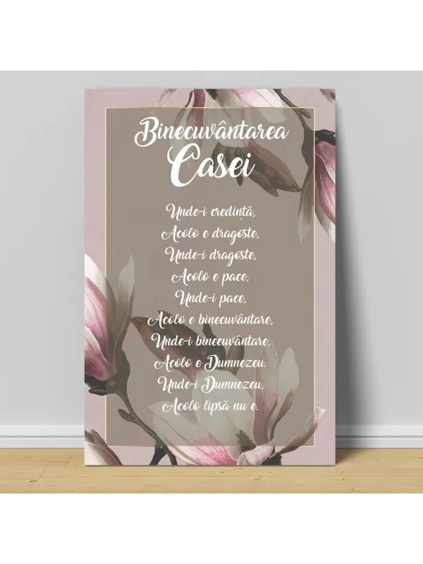 Tablou canvas Binecuvântarea casei cu magnolii – text pe fond gri-rozaliu