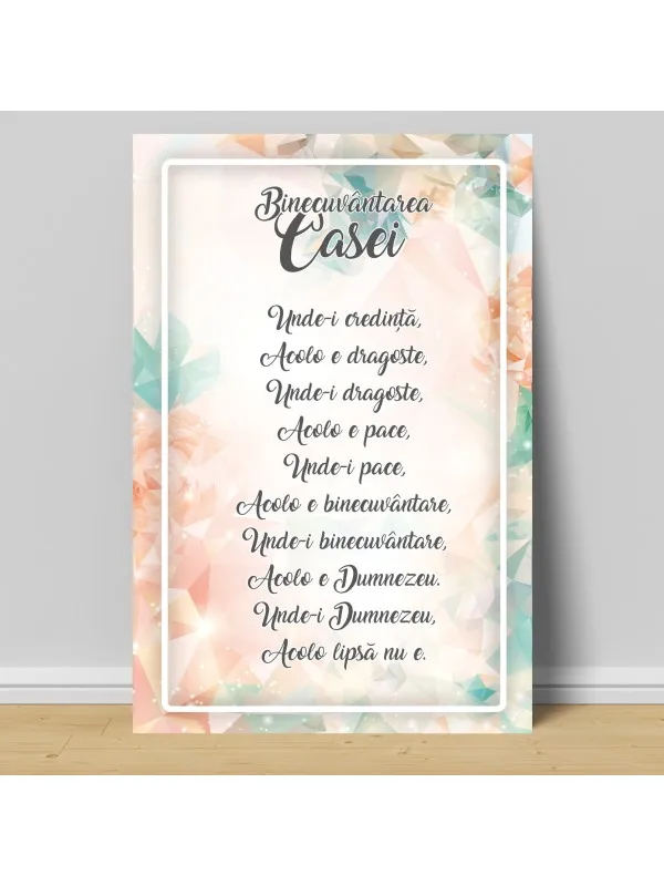 Tablou canvas Binecuvântarea casei – chenar alb pe fond piersică și mentă