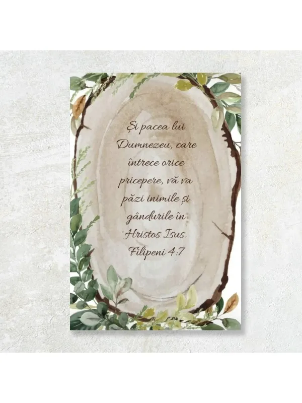Tablou canvas Pacea lui Dumnezeu – Filipeni 4:7 pe felie de lemn și frunze