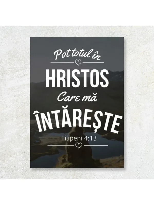 Tablou canvas Pot totul în Hristos – Filipeni 4:13 pe fond montan întunecat