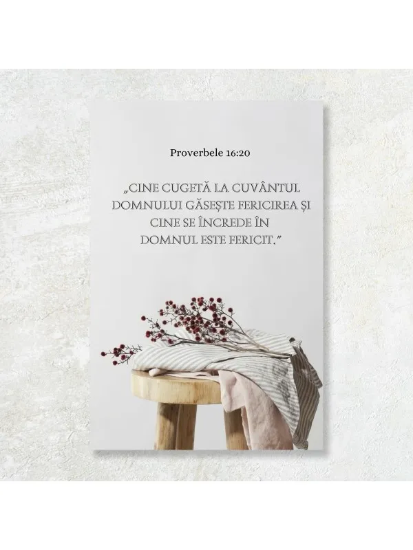 Tablou canvas Proverbele 16:20 – verset, taburet și ramură cu bobițe roșii