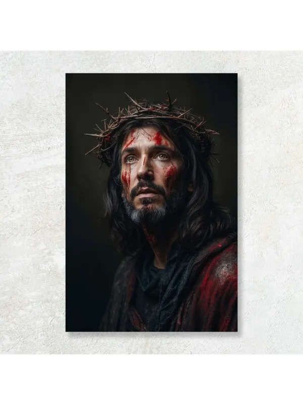Tablou canvas Chipul pătimirii – portret cu coroană de spini, fond negru