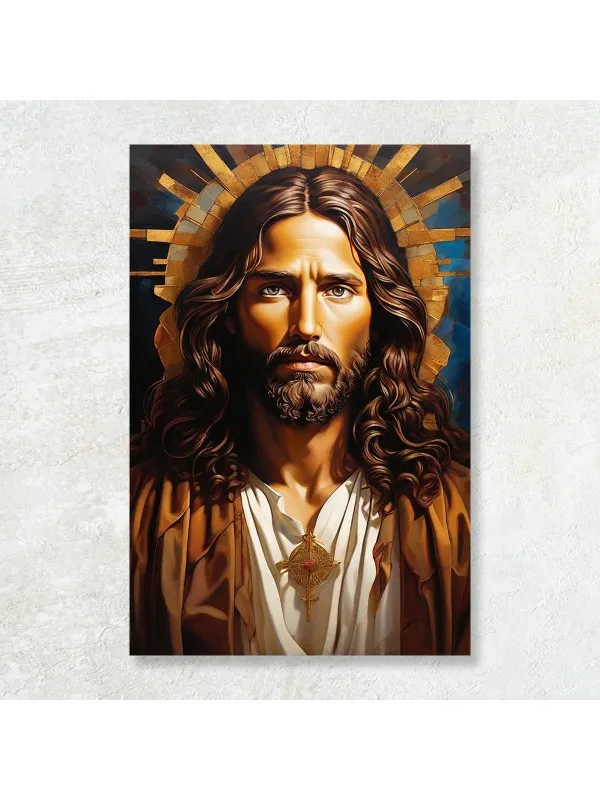 Tablou canvas Ocrotirea divină – portret cu raze aurii pe fond albastru