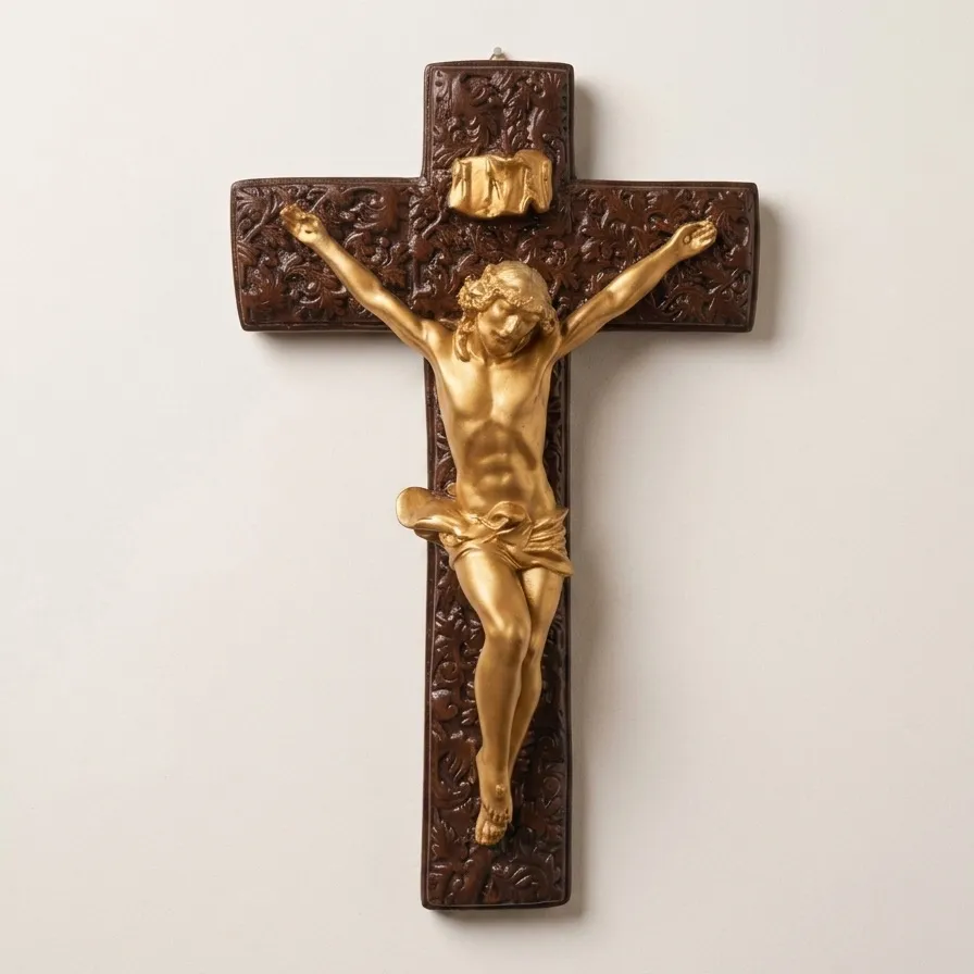Cruce din ipsos cu Iisus răstignit și relief floral – culoare nuc, 44 x 27 cm
