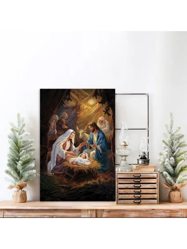 Tablou canvas Steaua din Betleem – Sfânta Familie lângă iesle