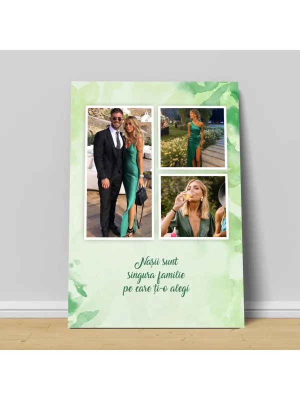 Tablou canvas personalizat pentru nași – colaj cu 3 poze pe fond verde