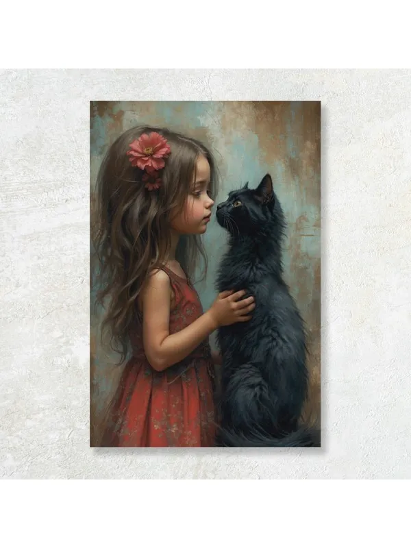 Tablou canvas Fetița cu pisica – portret artistic