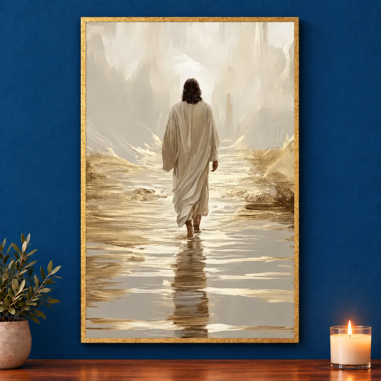 Tablou canvas Drumul celest cu foiță aurie – Iisus pe ape, tonuri crem