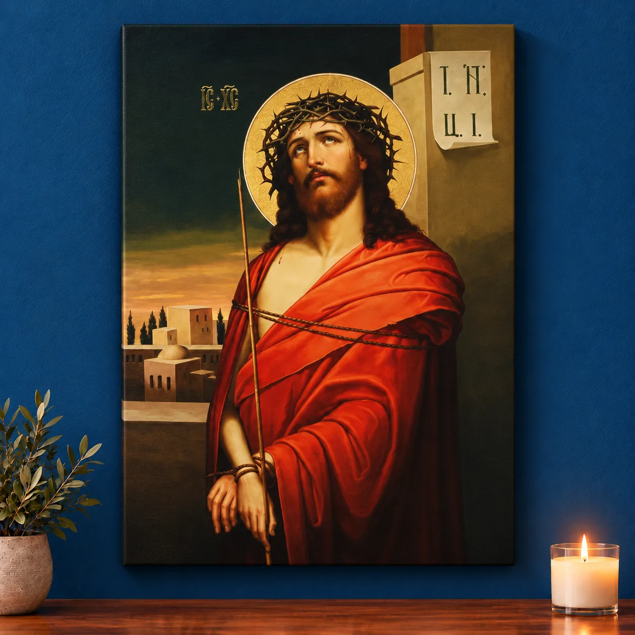 Tablou canvas Iisus cu coroana de spini – mantie roșie, mâini legate