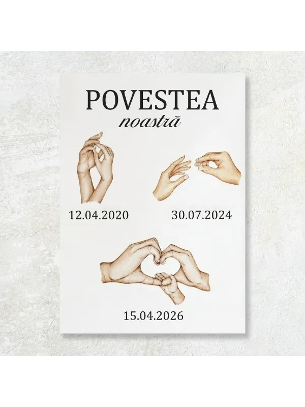 Tablou canvas personalizat Povestea noastră – mâini și inimă, format vertical